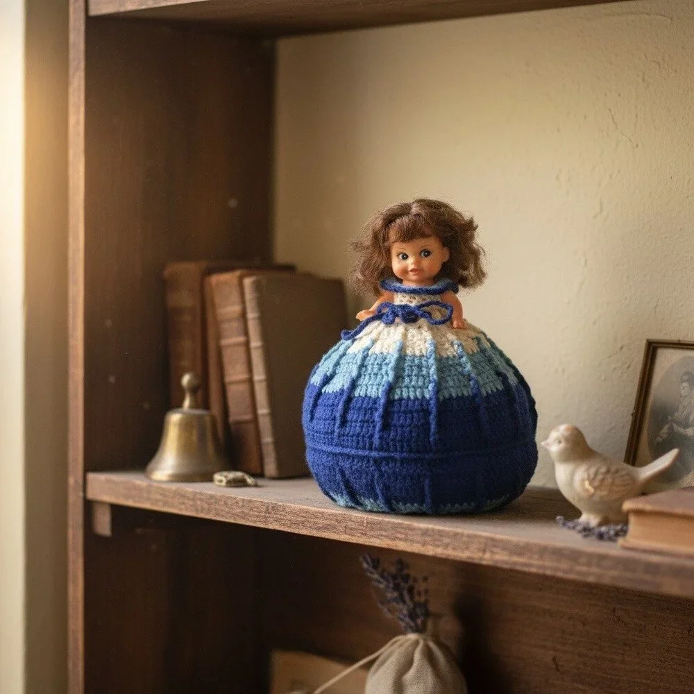 Vintage‎ Crochet Skirt Doll Blue & White Handmade 10